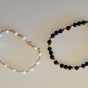 Two Vintage Bracelets/ Black and 16KGold and Pearl and Gold (Tone?)